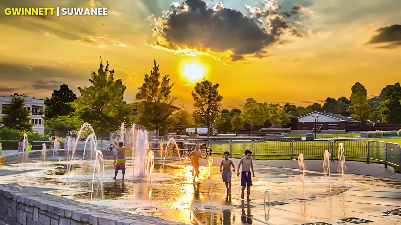 Suwanee Town Center park with circular lawn and walking paths